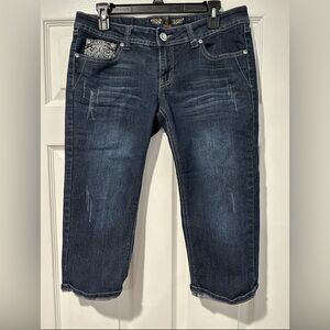 JZ Premium Women's Size 11 Denim Crop Pants Blue Pocket Studding Distressed EUC